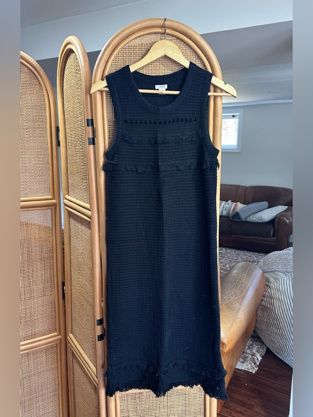 J. Crew Black Fringe Knit Midi Shift Dress